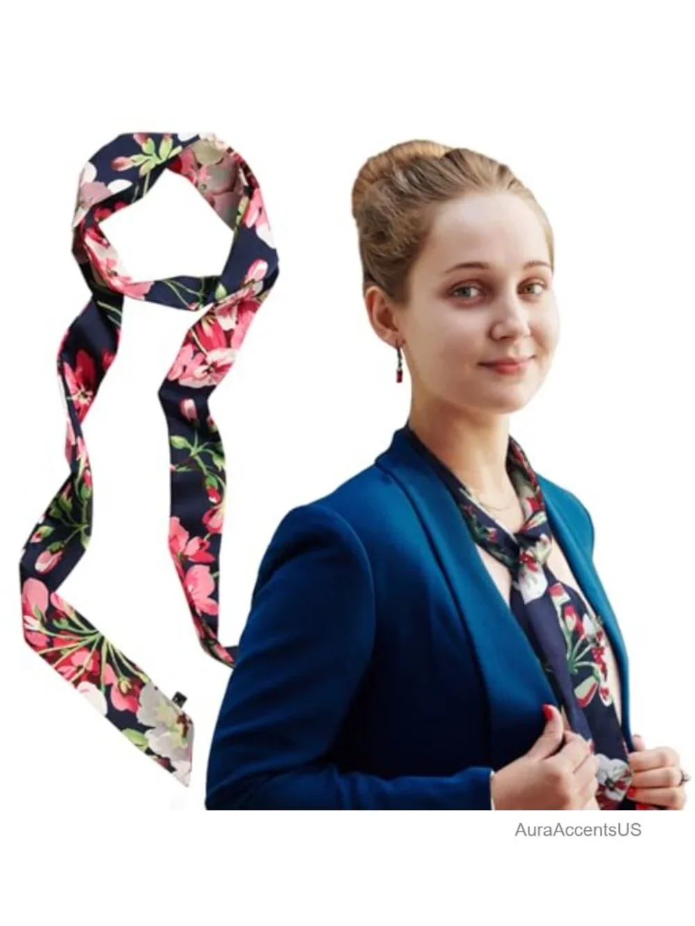 Satin Floral Skinny Scarf - Long 78